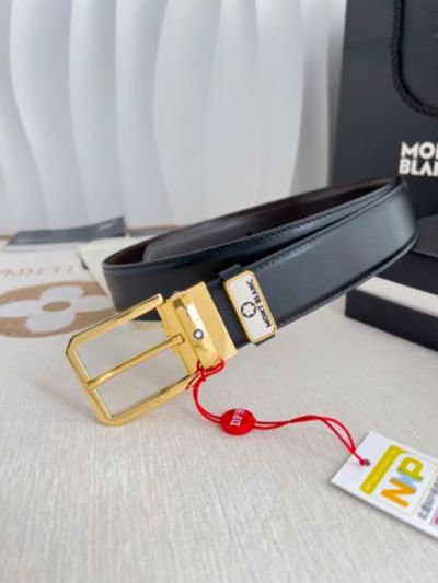 1:1  Montblanc Black Leather Belt with Gold Logo Buckle Needle Buckle 3.5cm